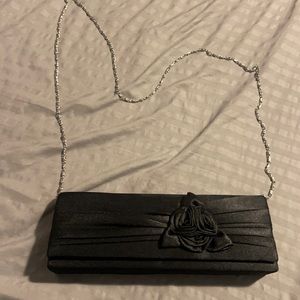 Black satin clutch with silver removable chain